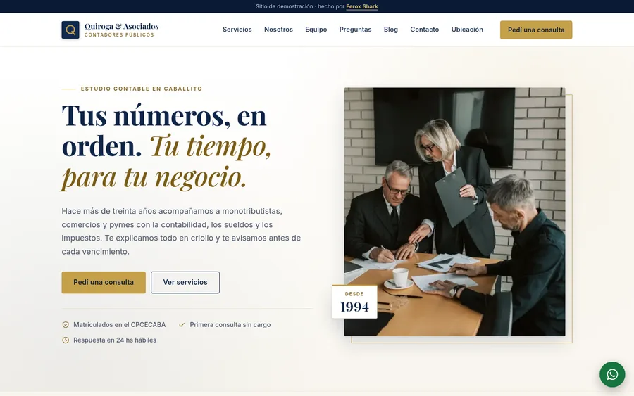Captura en escritorio de Estudio Quiroga y Asociados, contadores, con el título «Tus números, en orden»
