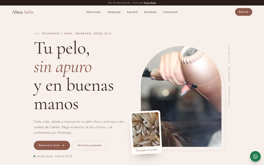 Captura en escritorio de Alma Salón, peluquería y uñas, con el título «Tu pelo, sin apuro y en buenas manos»