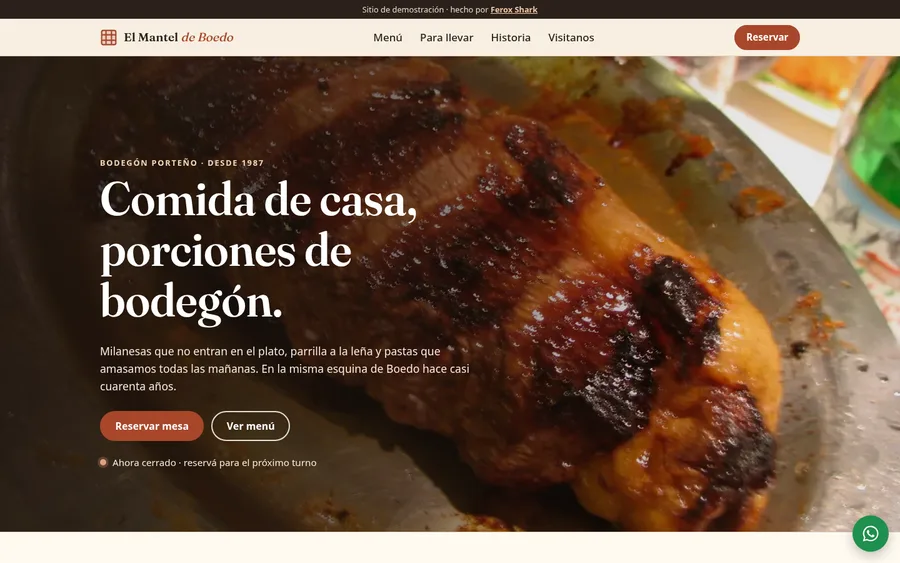 Captura en escritorio de El Mantel de Boedo, bodegón porteño, con el título «Comida de casa, porciones de bodegón»