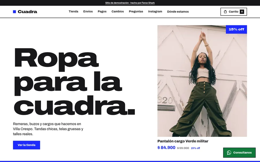 Captura en escritorio de Cuadra, tienda online de ropa urbana, con el título «Ropa para la cuadra»